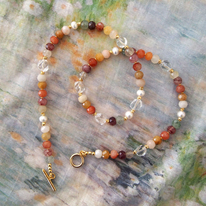 Agate, Pearls, Quartz Rutilated, Rock Crystal, Strawberry Quartz Necklace- Vigour