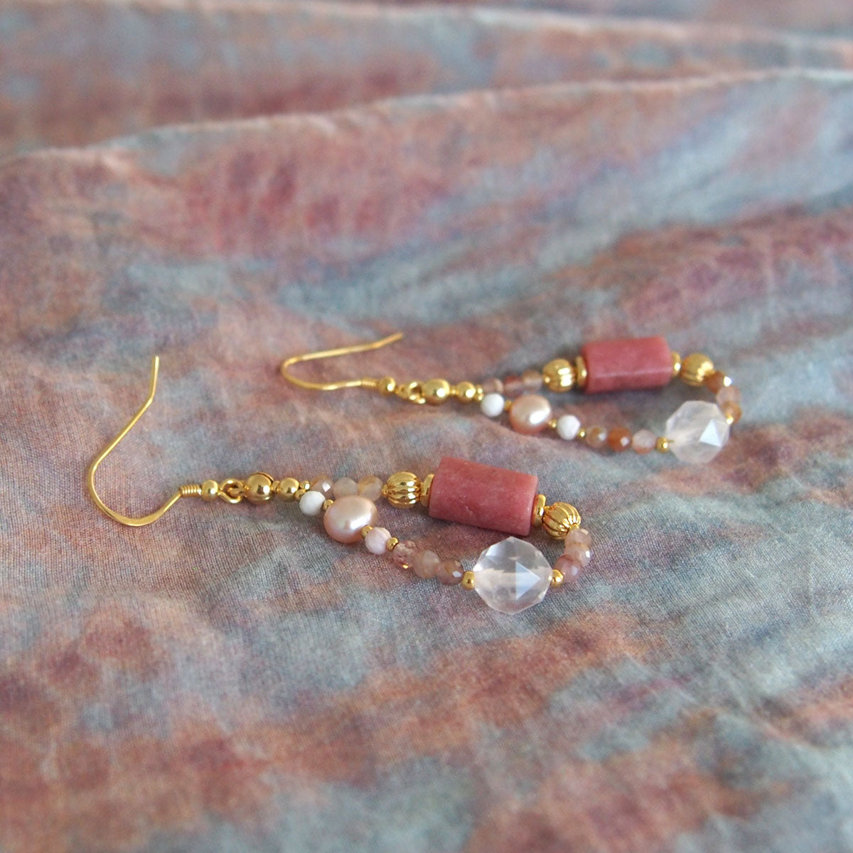 Rhodonite, Rock Crystal, Pearls, Sakura agate Earrings- Love