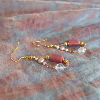Rhodonite, Rock Crystal, Pearls, Sakura agate Earrings- Love