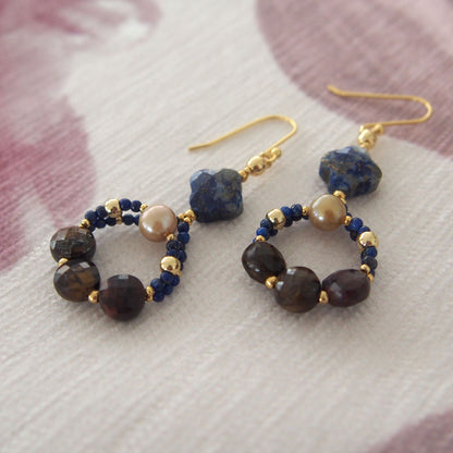 Lapis Lazuli, Bronzite, Pearls Earrings- Night Sky