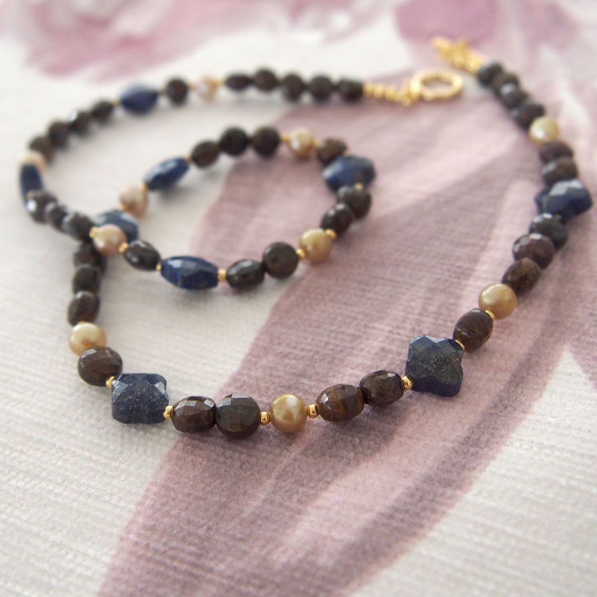 Lapis Lazuli, Bronzite, Pearls Necklace- Night Sky