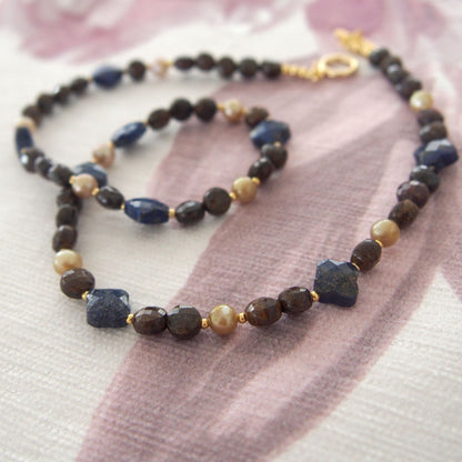 Lapis Lazuli, Bronzite, Pearls Necklace- Night Sky