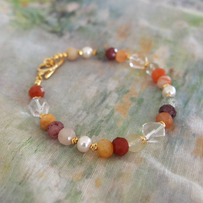 Agate, Pearls, Quartz Rutilated, Rock Crystal, Strawberry Quartz Bracelet- Vigour