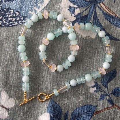Rose Quartz, Rock Crystal, Amazonite, Beryl, Chalcedony Necklace- Romance