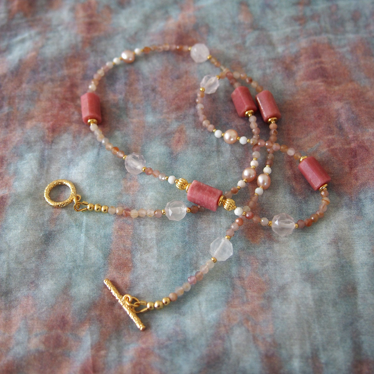 Rhodonite, Rock Crystal, Pearls, Sakura agate Necklace- Love