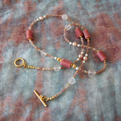 Rhodonite, Rock Crystal, Pearls, Sakura agate Necklace- Love