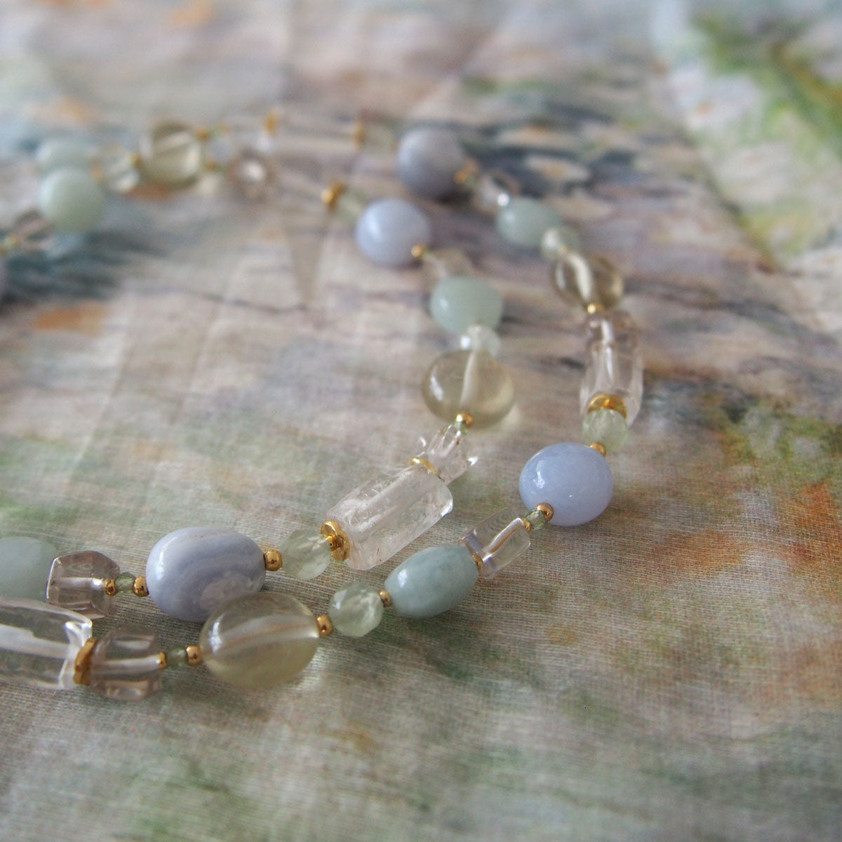 Lemon Quartz, Chalcedony, Rock Crystal, Beryl, Prehnite Necklace- Source
