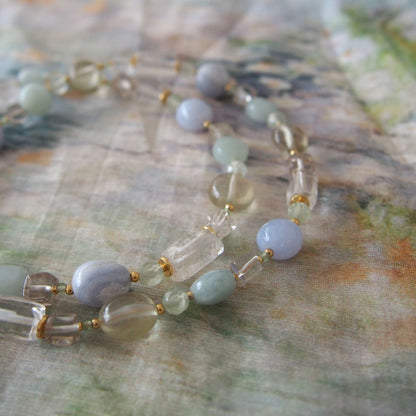 Lemon Quartz, Chalcedony, Rock Crystal, Beryl, Prehnite Necklace- Source