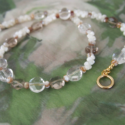 Smoky Quartz, Rock Crystal, Shell beads Necklace- Snowberry