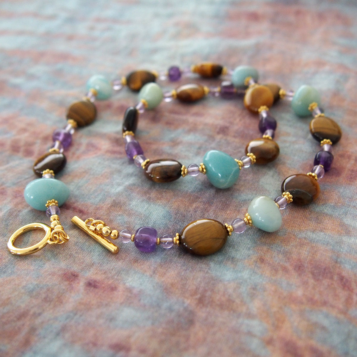 Tiger’s eye, Amazonite, Amethyst Necklace- Courage