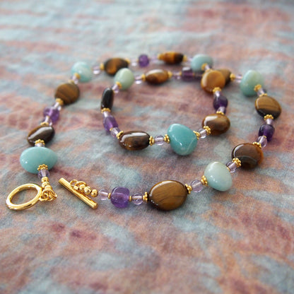 Tiger’s eye, Amazonite, Amethyst Necklace- Courage