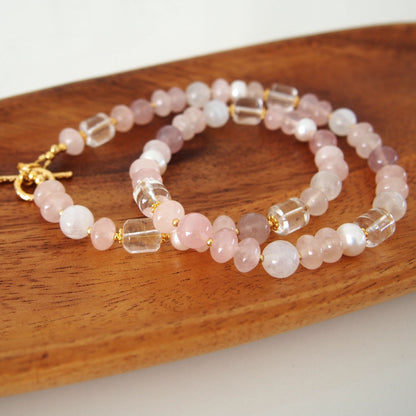 Rock Crystal, Moonstone, Rose Quartz, Pearls Necklace- Romance