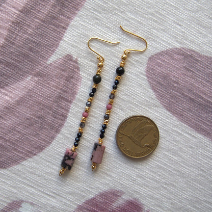Rhodonite, Tourmaline(black), Rhodochrosite, Lolite Earrings–Dangerous tenderness