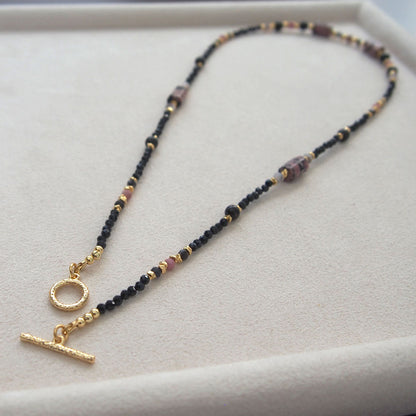Rhodonite, Tourmaline(black), Opal(common), Rhodochrosite, Lolite Necklace–Dangerous tenderness