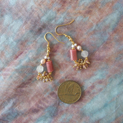 Rhodonite, Rock Crystal, Pearls Sakura agate Earrings- Love