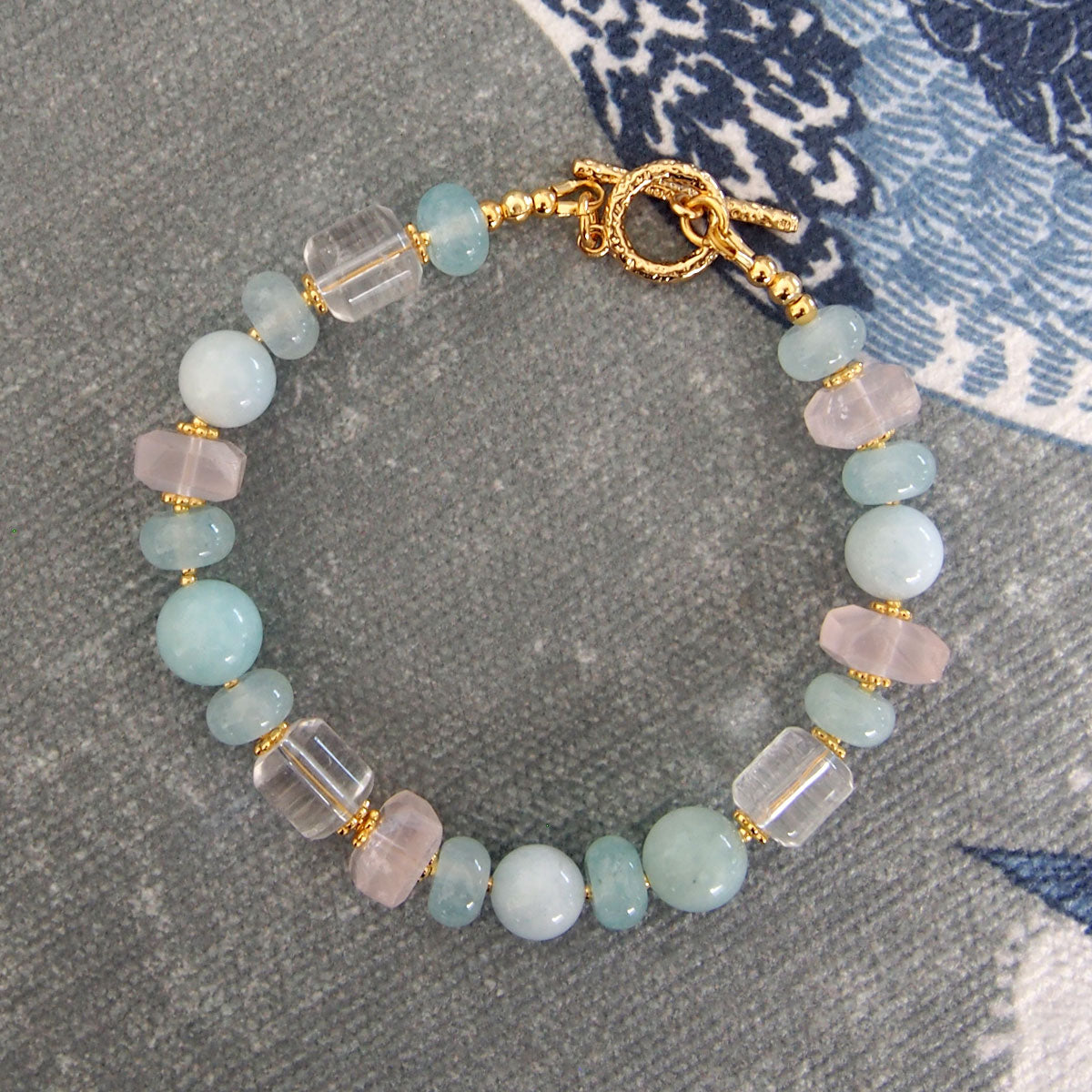 Rose Quartz, Rock Crystal, Amazonite, Beryl, Chalcedony Bracelete- Romance