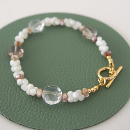 Smoky Quartz, Rock Crystal, Shell beads Bracelet- Snowberry