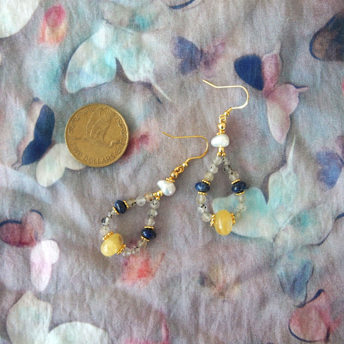 Lepidolite, Pearls, Lapis Lazuli, Quartz Rutilated Earrings- Power