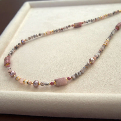 Rhodonite, Pearls, Morganite, Common Opal, Rhodochrosite Necklace–Rosa multiflora