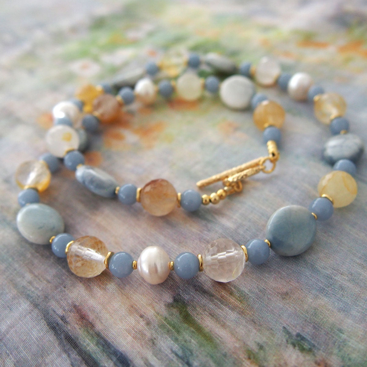 Magnesite, Pearls, Inclusion Quartz, Blue Anhydrite Necklace-Sky