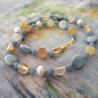 Magnesite, Pearls, Inclusion Quartz, Blue Anhydrite Necklace-Sky