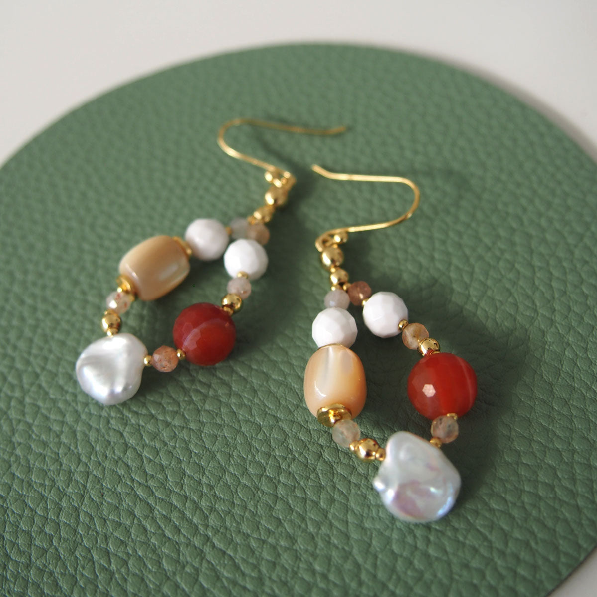 Pearls, Shell beads, Agate, Sunstone Earrings- Red sun