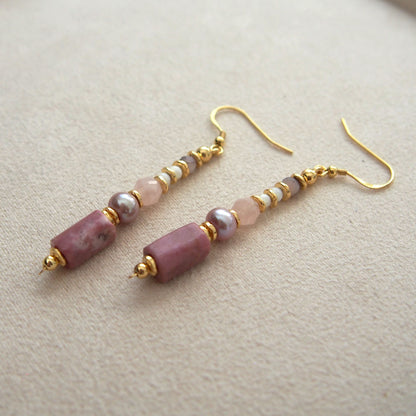 Rhodonite, Pearls, Morganite, Common Opal Earrings–Rosa multiflora