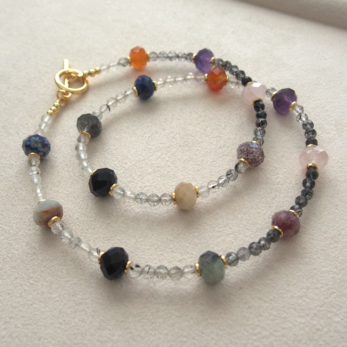 Agate, Amethyst, Lapis Lazuli, Quartz Rutilated, Rose Quartz, Strawberry Quartz Necklace- Abundance