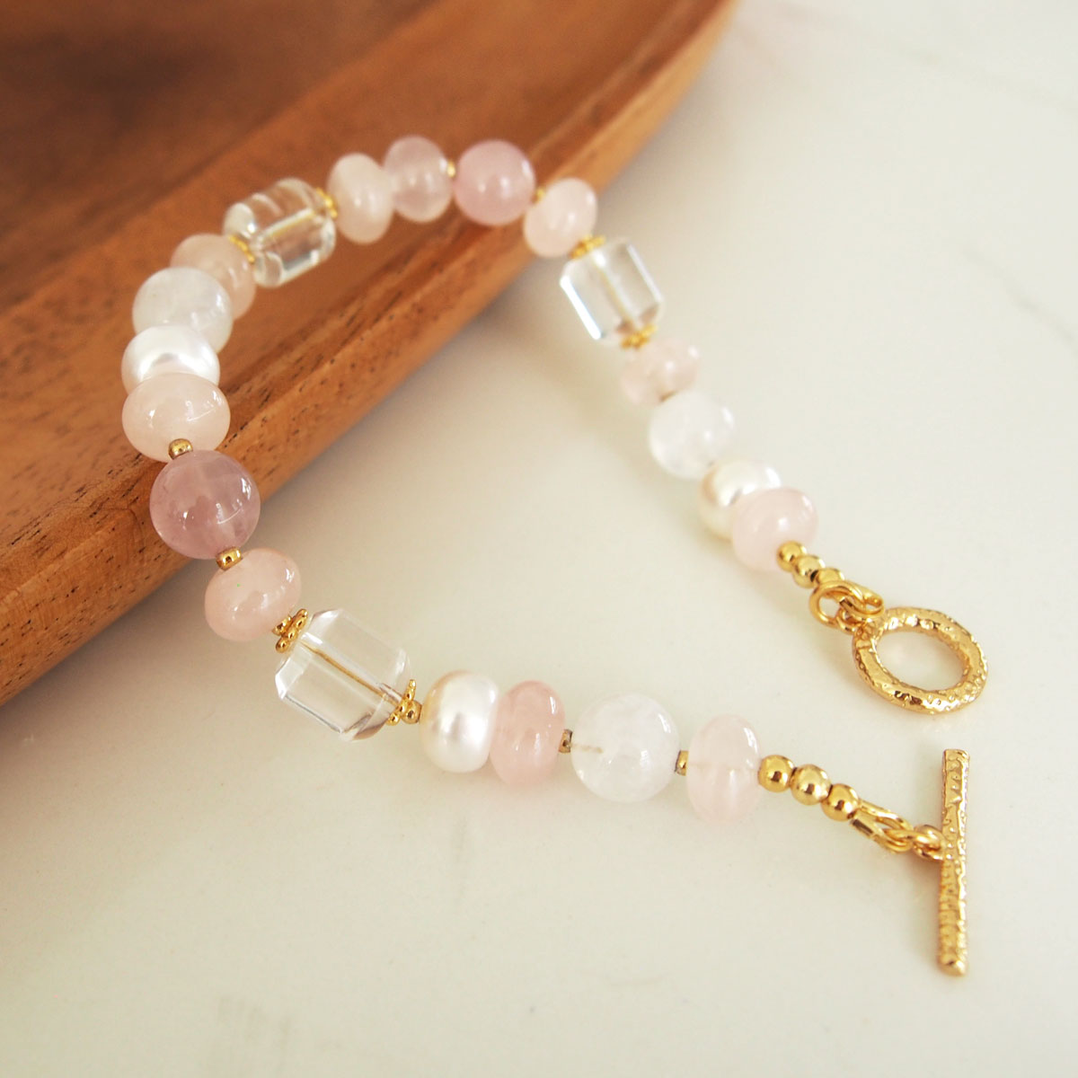 Rock Crystal, Moonstone, Rose Quartz, Pearls Bracelet- Romance