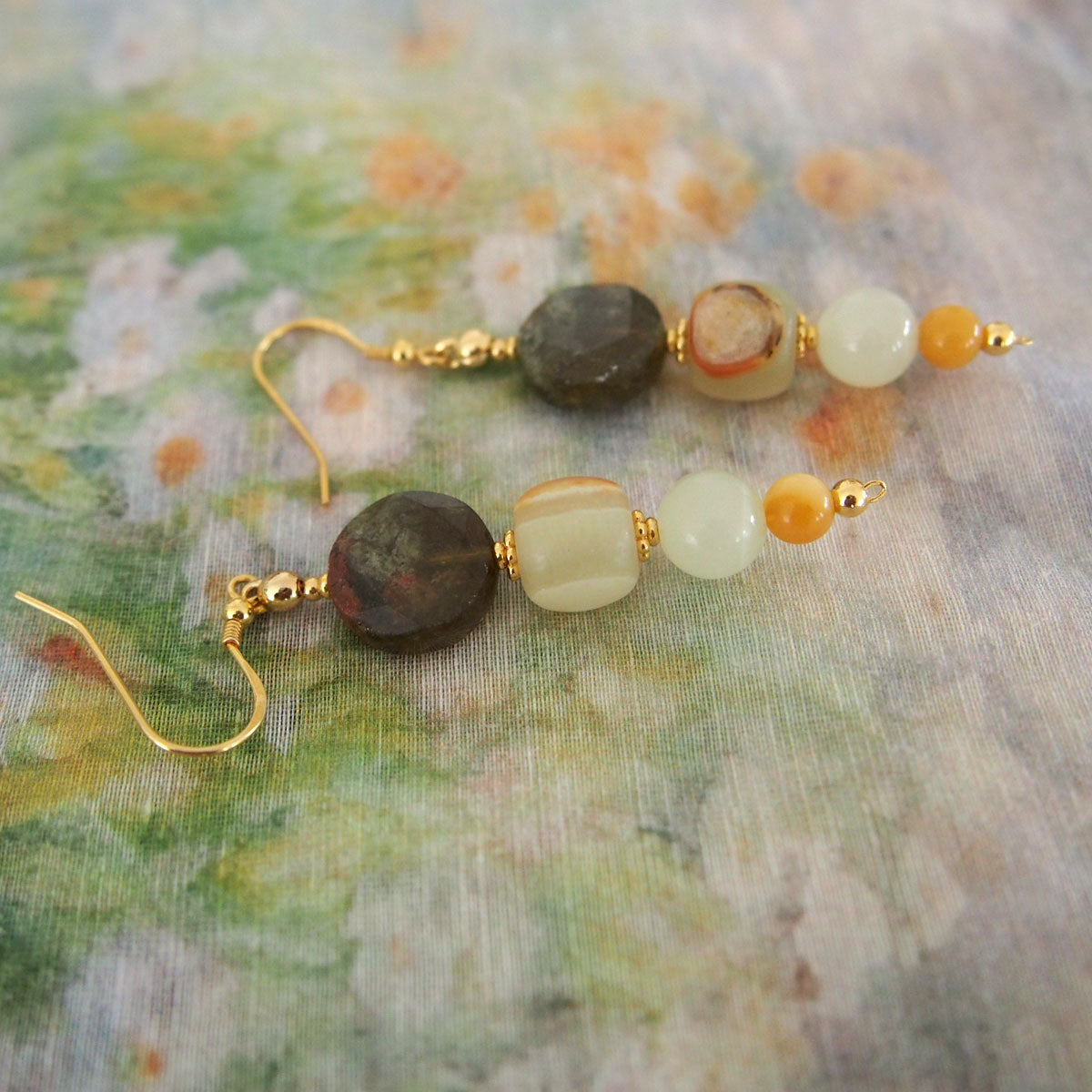 Garnet, Serpentine Jade, Calcite, Quartzose Jade Earrings-Vitality