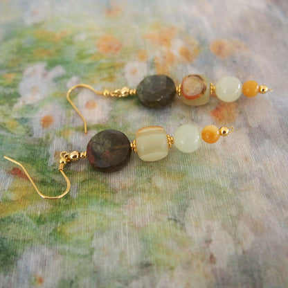 Garnet, Serpentine Jade, Calcite, Quartzose Jade Earrings-Vitality