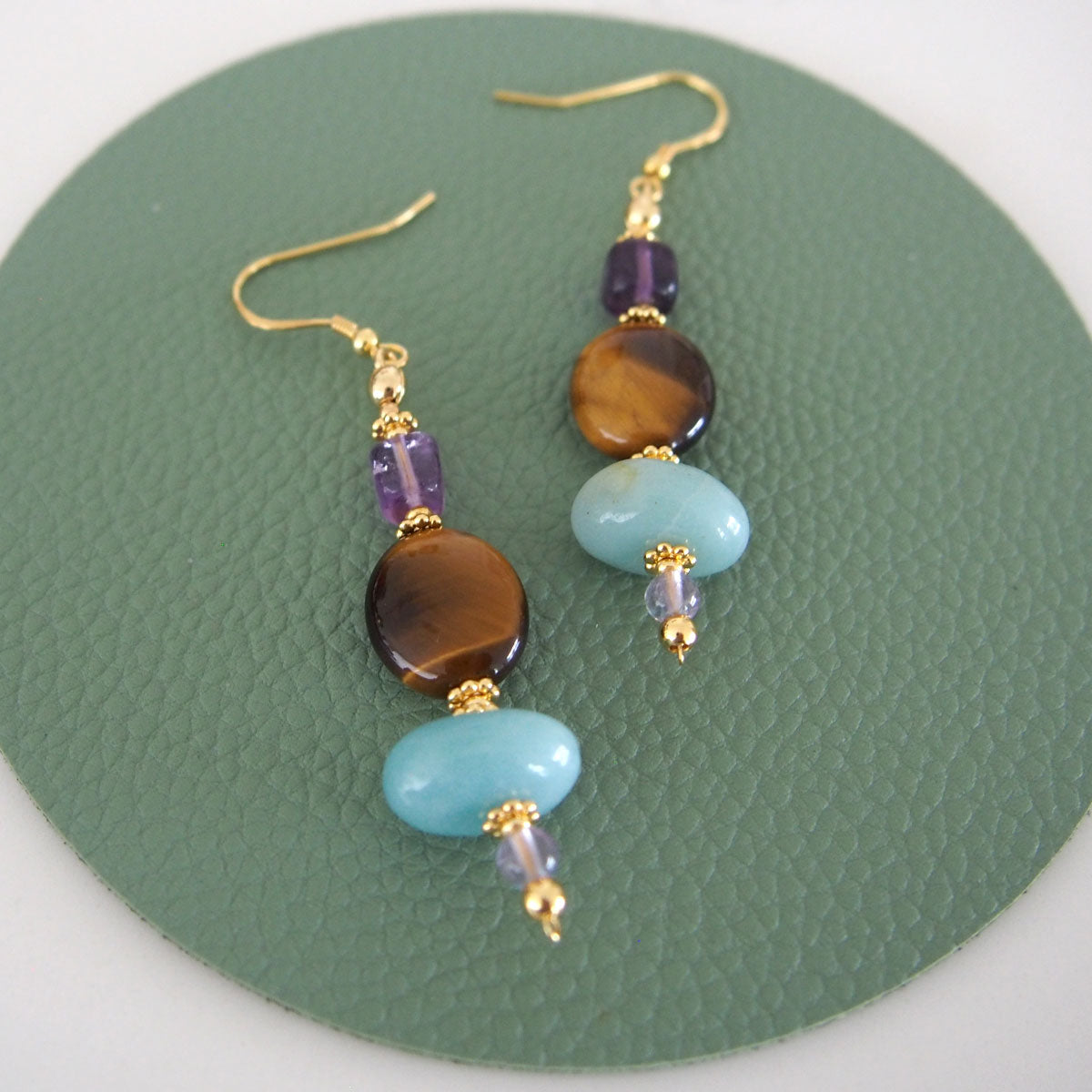 Tiger’s eye, Amazonite, Amethyst Earrings- Courage