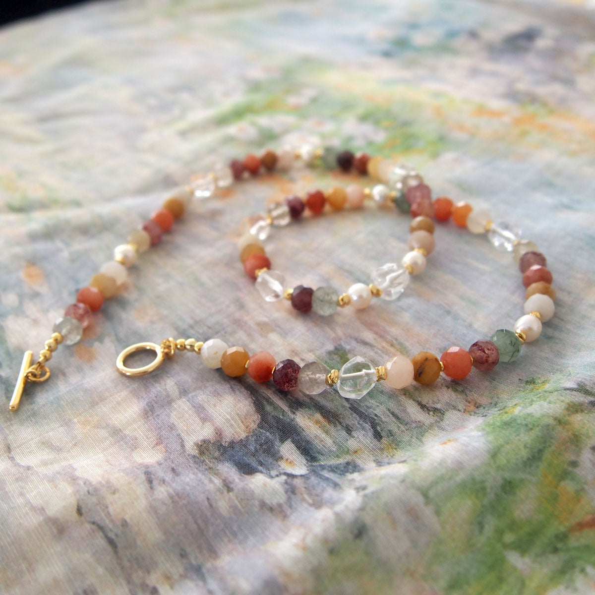 Agate, Pearls, Quartz Rutilated, Rock Crystal, Strawberry Quartz Necklace- Vigour
