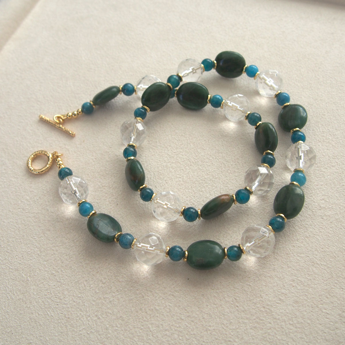 Rock crystal,  Jade(oval),  Apatite Necklace-Blue Spring