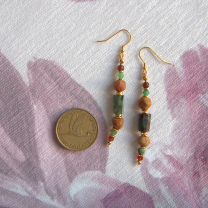 Common Opal(green), Amber(Raw crust), Chrysoprase, Garnet(orange) Earrings–Buds