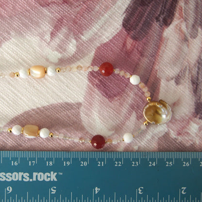 Pearls, Shell beads, Agate, Sunstone Necklace- Red sun