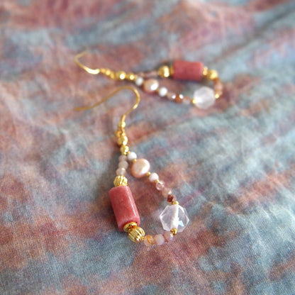 Rhodonite, Rock Crystal, Pearls, Sakura agate Earrings- Love