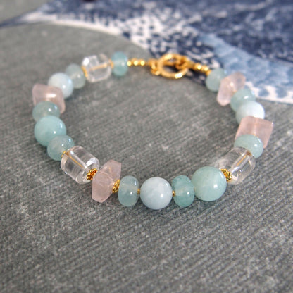 Rose Quartz, Rock Crystal, Amazonite, Beryl, Chalcedony Bracelete- Romance