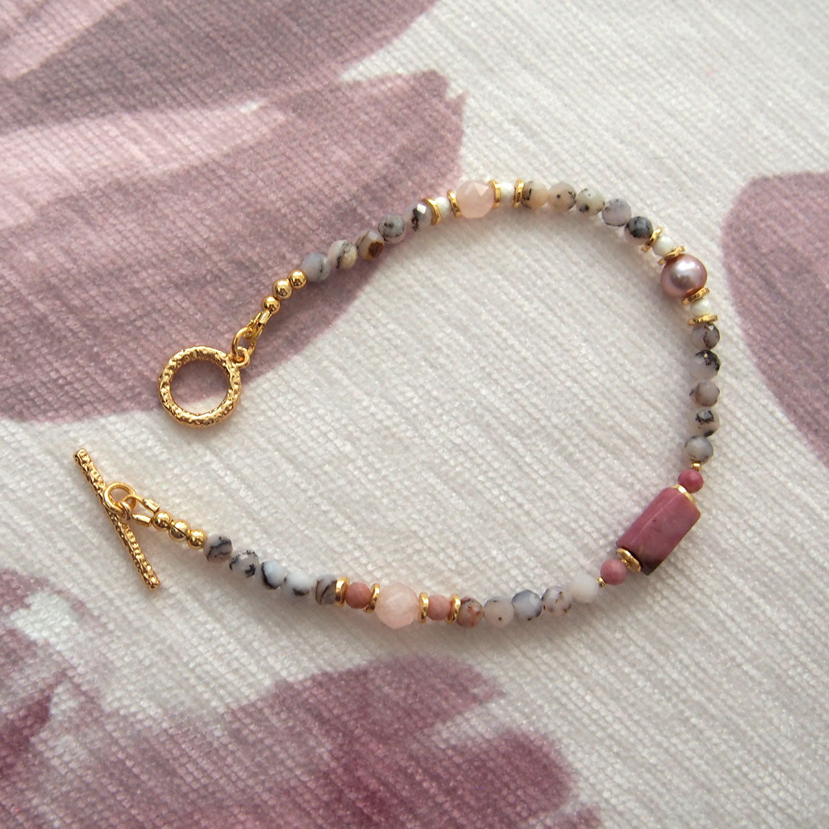 Rhodonite, Pearls, Morganite, Common Opal, Rhodochrosite Bracelet–Rosa multiflora