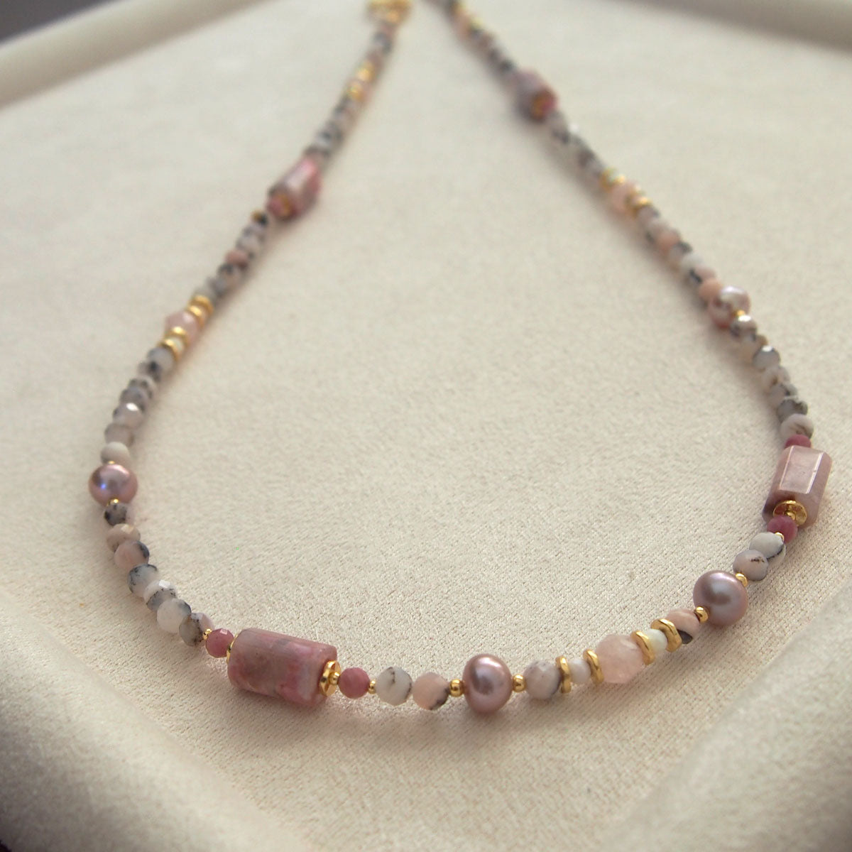 Rhodonite, Pearls, Morganite, Common Opal, Rhodochrosite Necklace–Rosa multiflora