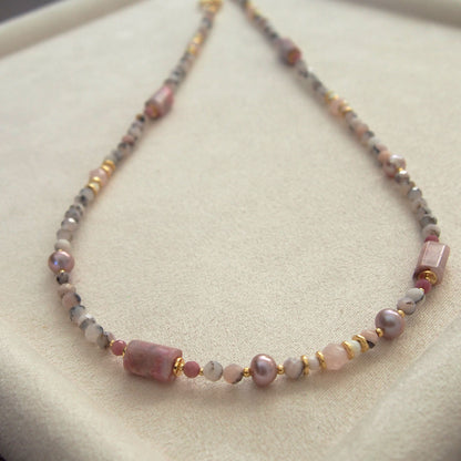 Rhodonite, Pearls, Morganite, Common Opal, Rhodochrosite Necklace–Rosa multiflora
