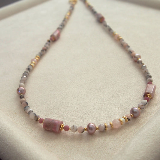 Rhodonite, Pearls, Morganite, Common Opal, Rhodochrosite Necklace–Rosa multiflora