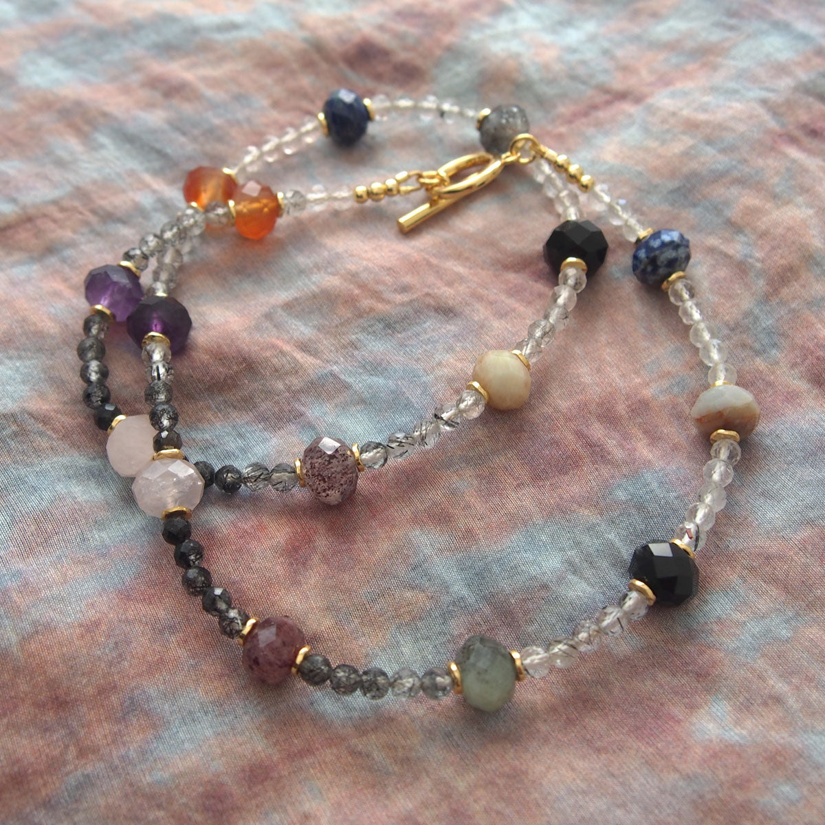 Agate, Amethyst, Lapis Lazuli, Quartz Rutilated, Rose Quartz, Strawberry Quartz Necklace- Abundance