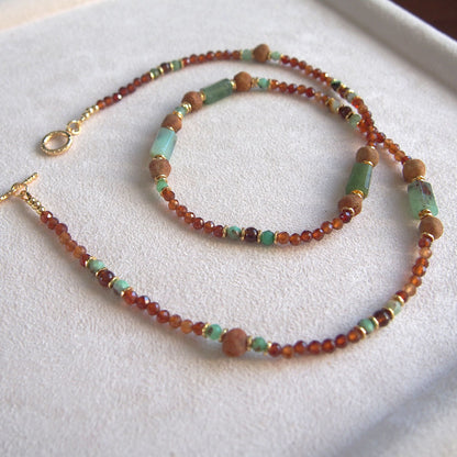 Common Opal(green), Amber(Raw crust), Chrysoprase, Garnet(orange) Necklace–Buds