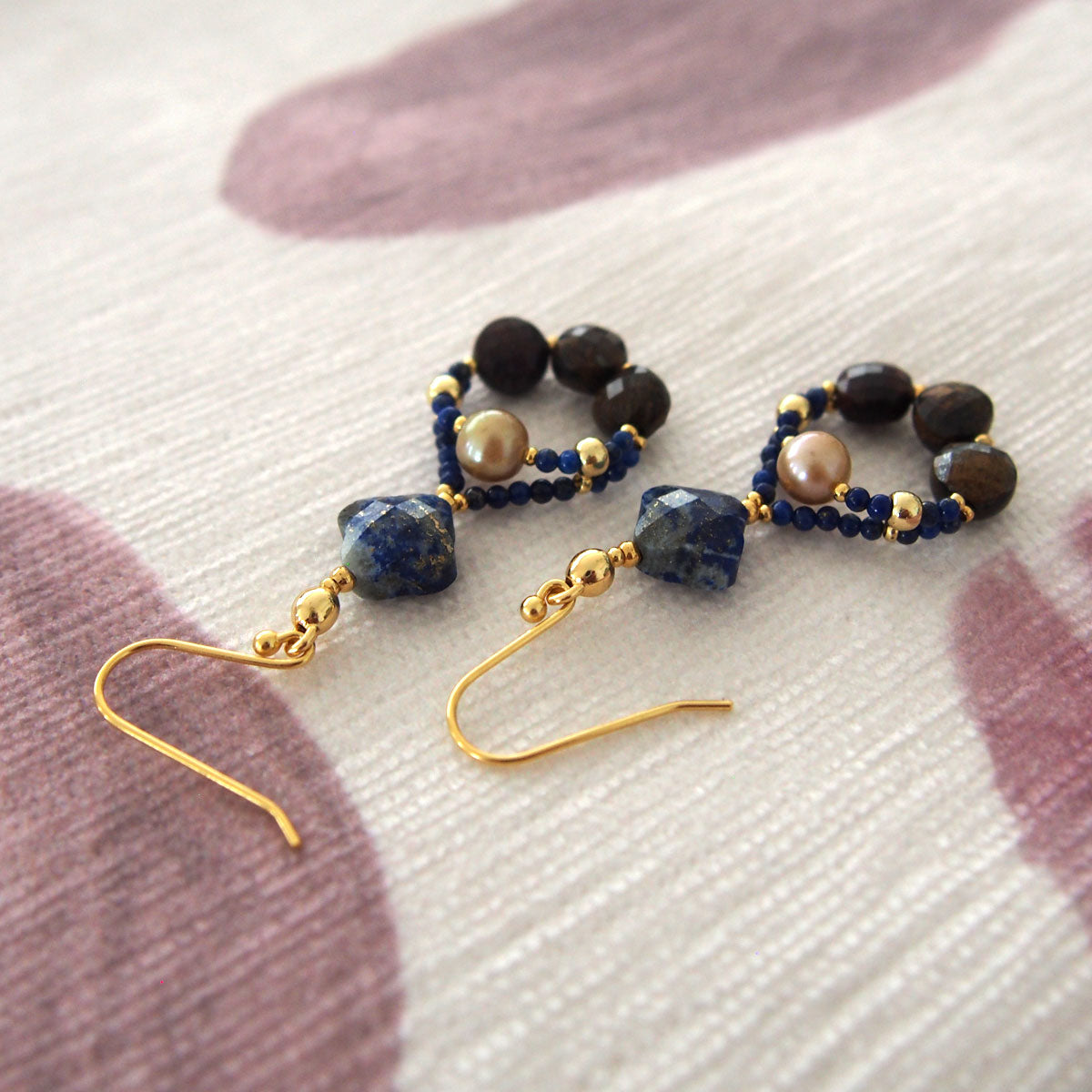 Lapis Lazuli, Bronzite, Pearls Earrings- Night Sky