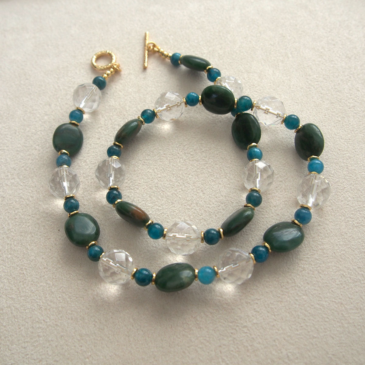 Rock crystal,  Jade(oval),  Apatite Necklace-Blue Spring