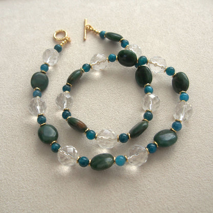 Rock crystal,  Jade(oval),  Apatite Necklace-Blue Spring