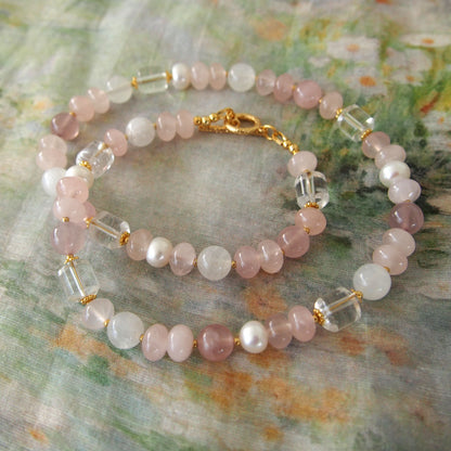 Rock Crystal, Moonstone, Rose Quartz, Pearls Necklace- Romance