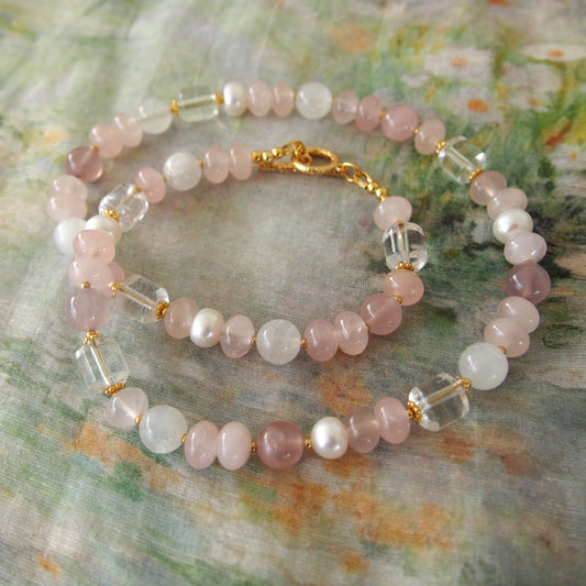 Rock Crystal, Moonstone, Rose Quartz, Pearls Necklace- Romance