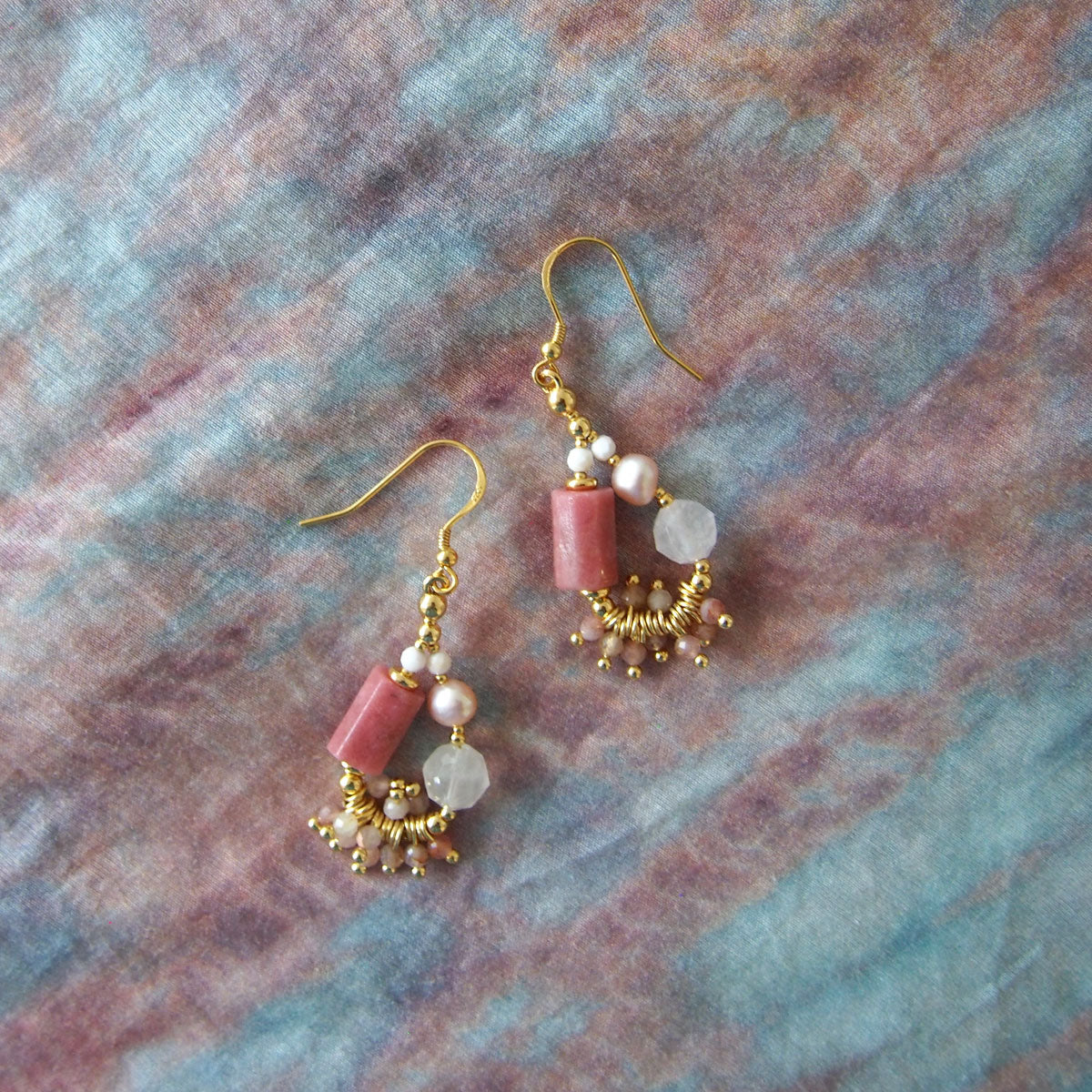 Rhodonite, Rock Crystal, Pearls Sakura agate Earrings- Love